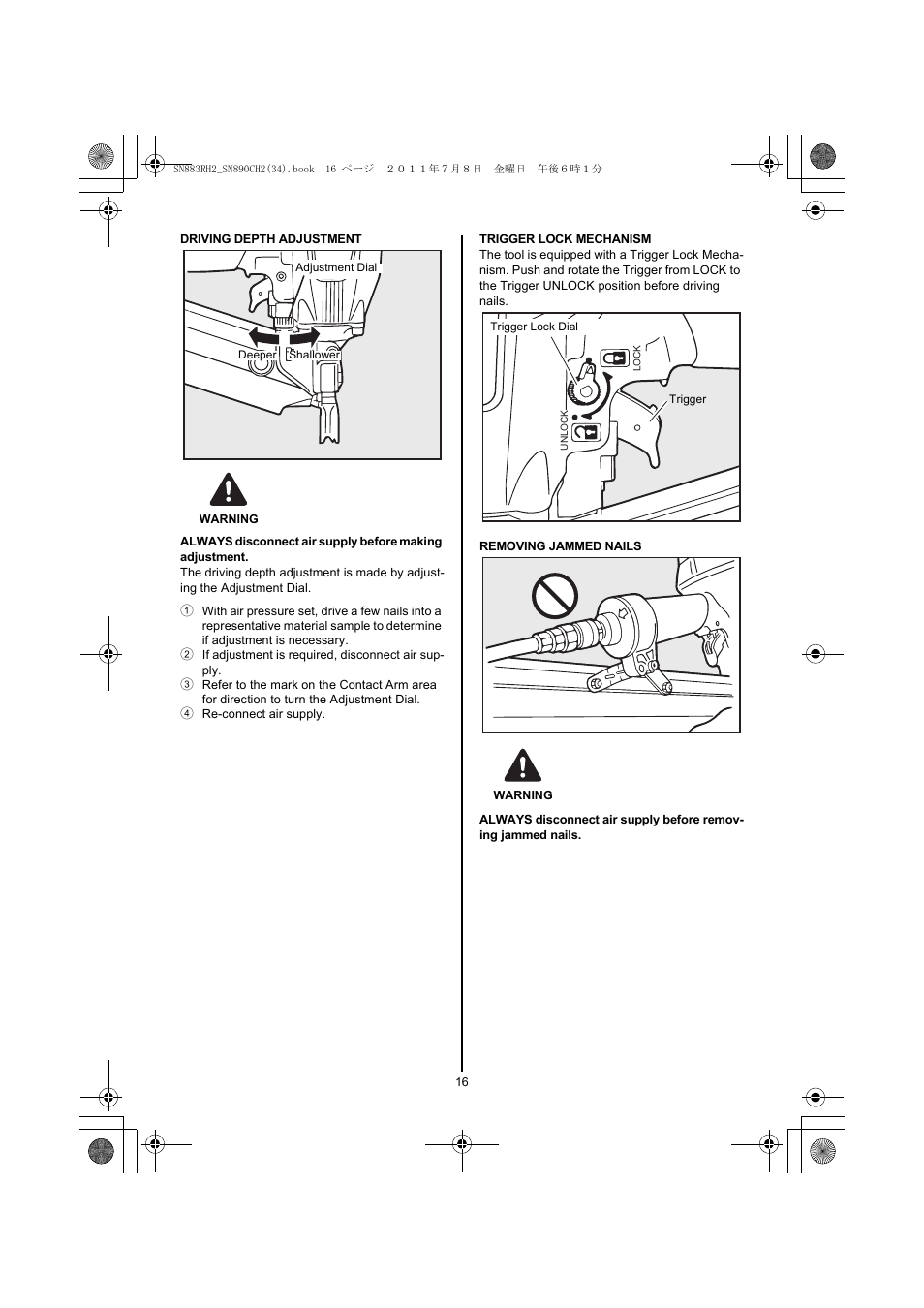 Warning, 2 if adjustment is required, disconnect air supply, 4 re-connect air supply | MAX SN883RH2 User Manual | Page 16 / 60