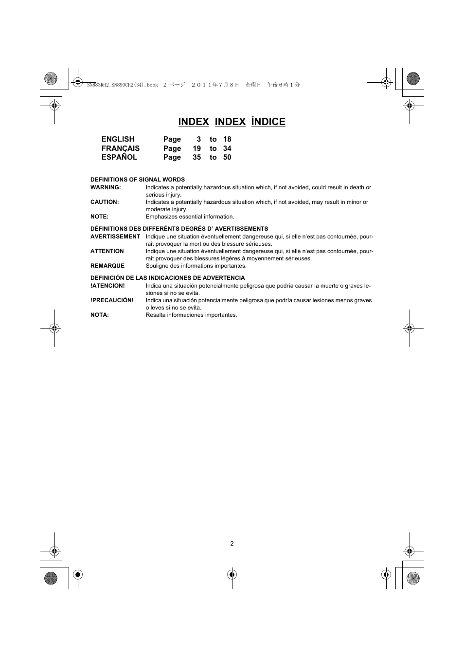 Index index índice | MAX SN883RH2 User Manual | Page 2 / 60