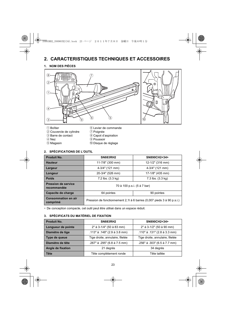 Caracteristiques techniques et accessoires, Nom des pièces, Spécifications de l’outil | Spécificats du matériel de fixation | MAX SN883RH2 User Manual | Page 23 / 60