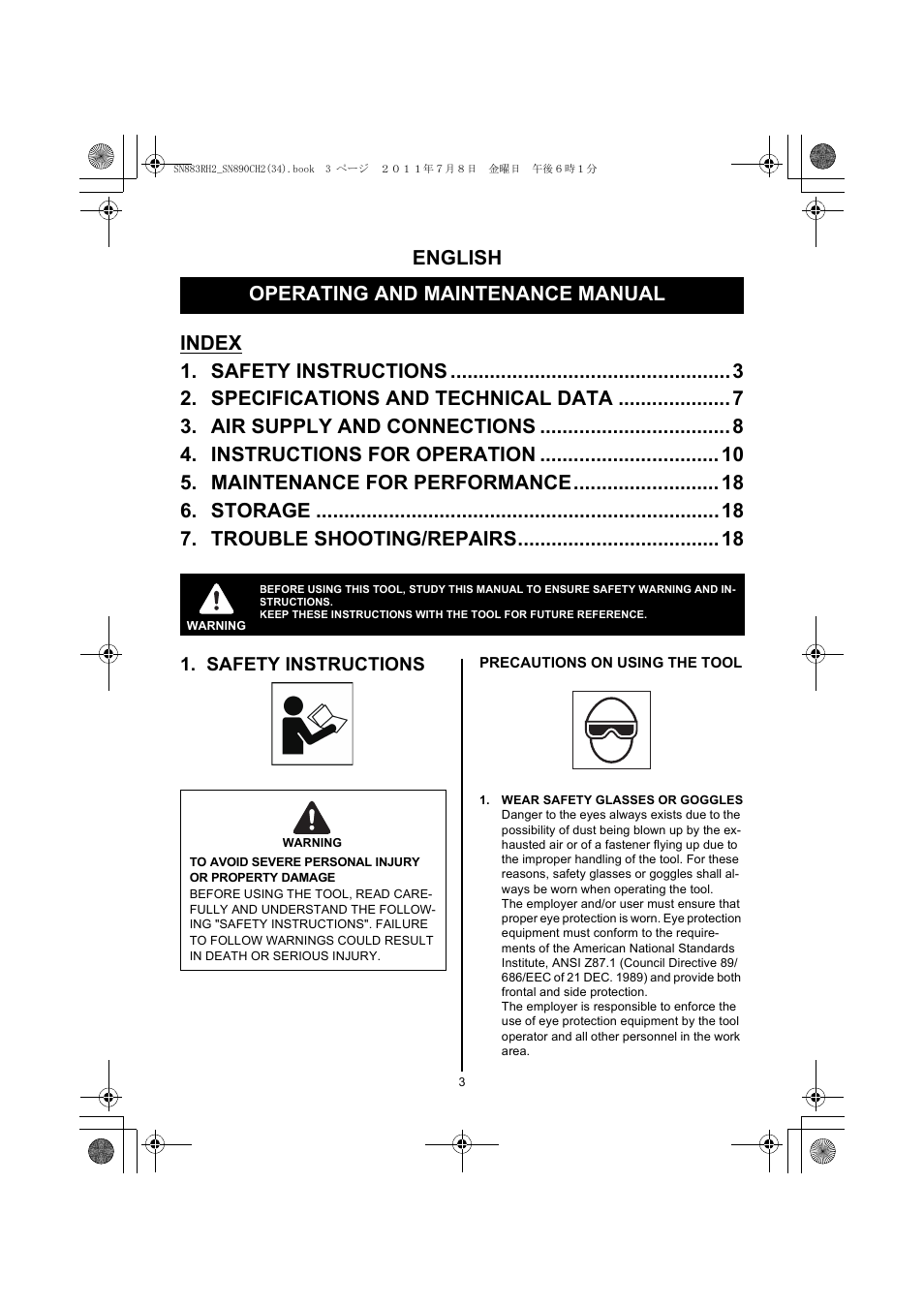 English, Operating and maintenance manual, Index | Safety instructions 3, Specifications and technical data 7, Air supply and connections 8, Instructions for operation 10, Maintenance for performance 18, Storage 18, Trouble shooting/repairs 18 | MAX SN883RH2 User Manual | Page 3 / 60
