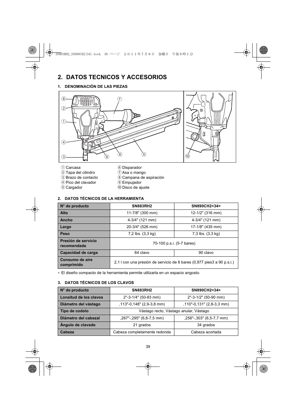 Datos tecnicos y accesorios, Denominación de las piezas, Datos técnicos de la herramienta | Datos técnicos de los clavos | MAX SN883RH2 User Manual | Page 39 / 60