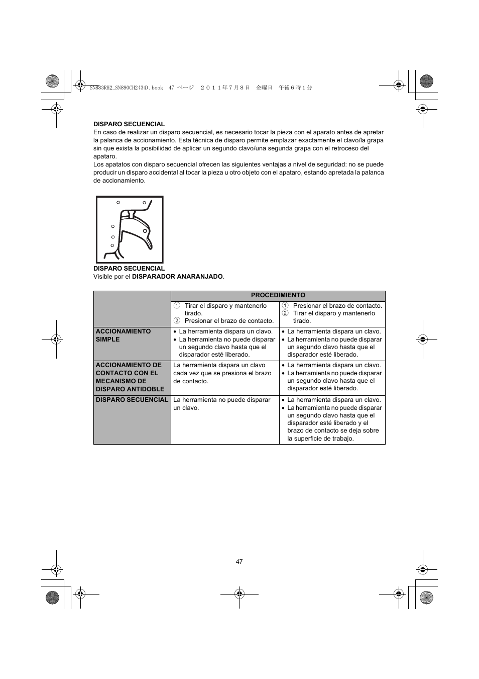 1 tirar el disparo y mantenerlo tirado, 2 presionar el brazo de contacto, 1 presionar el brazo de contacto | 2 tirar el disparo y mantenerlo tirado | MAX SN883RH2 User Manual | Page 47 / 60