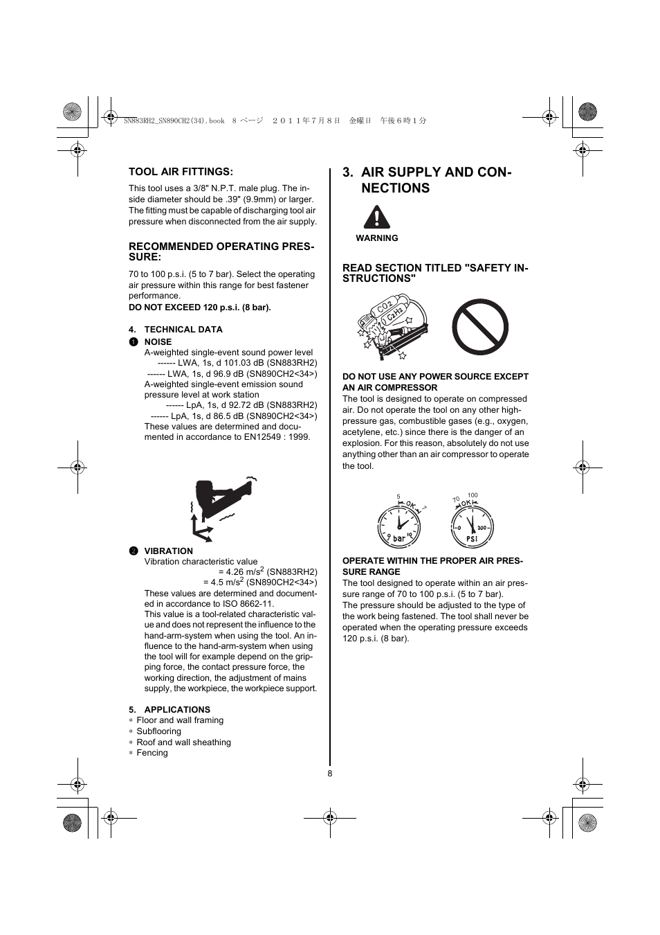 Technical data, 1 noise, 2 vibration | Applications, Air supply and connections, Warning, Air supply and con- nections | MAX SN883RH2 User Manual | Page 8 / 60