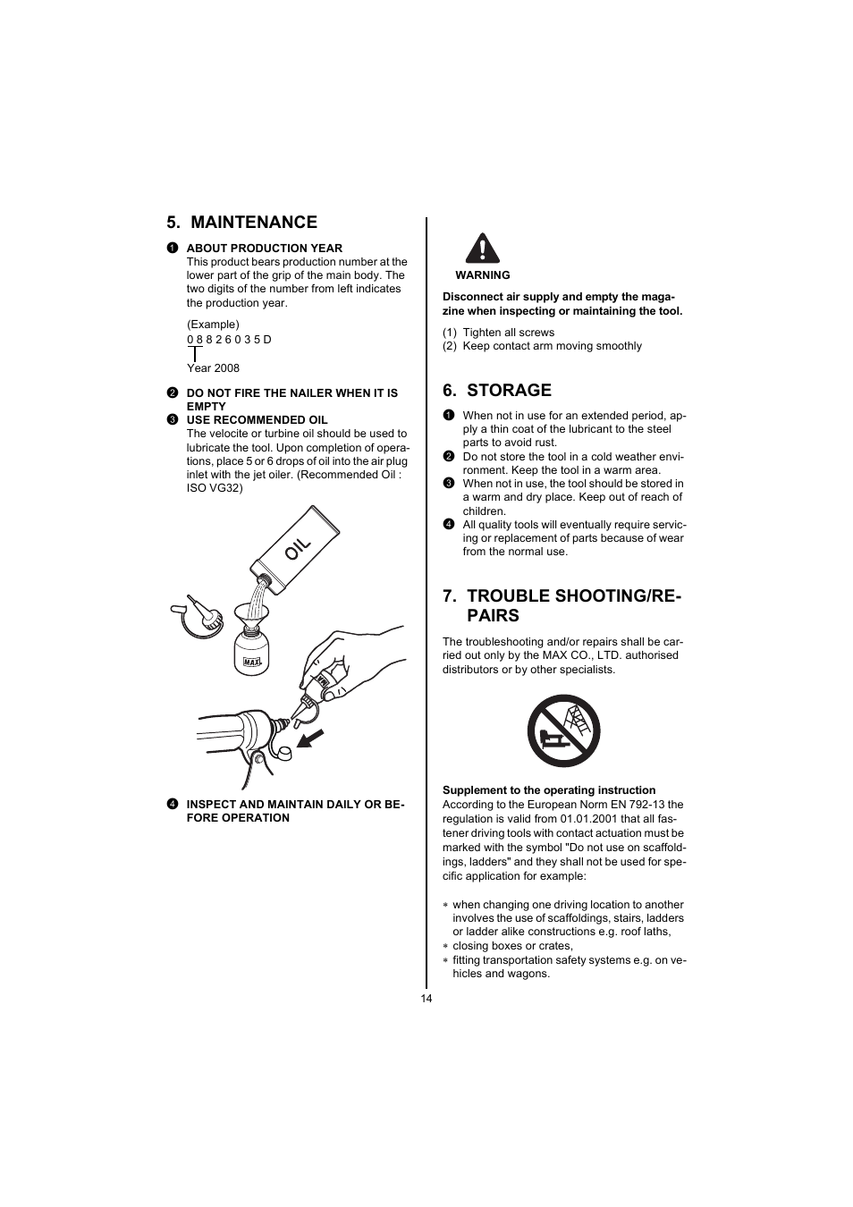 Maintenance, Storage, Trouble shooting/re- pairs | MAX HS130(CE) User Manual | Page 14 / 14