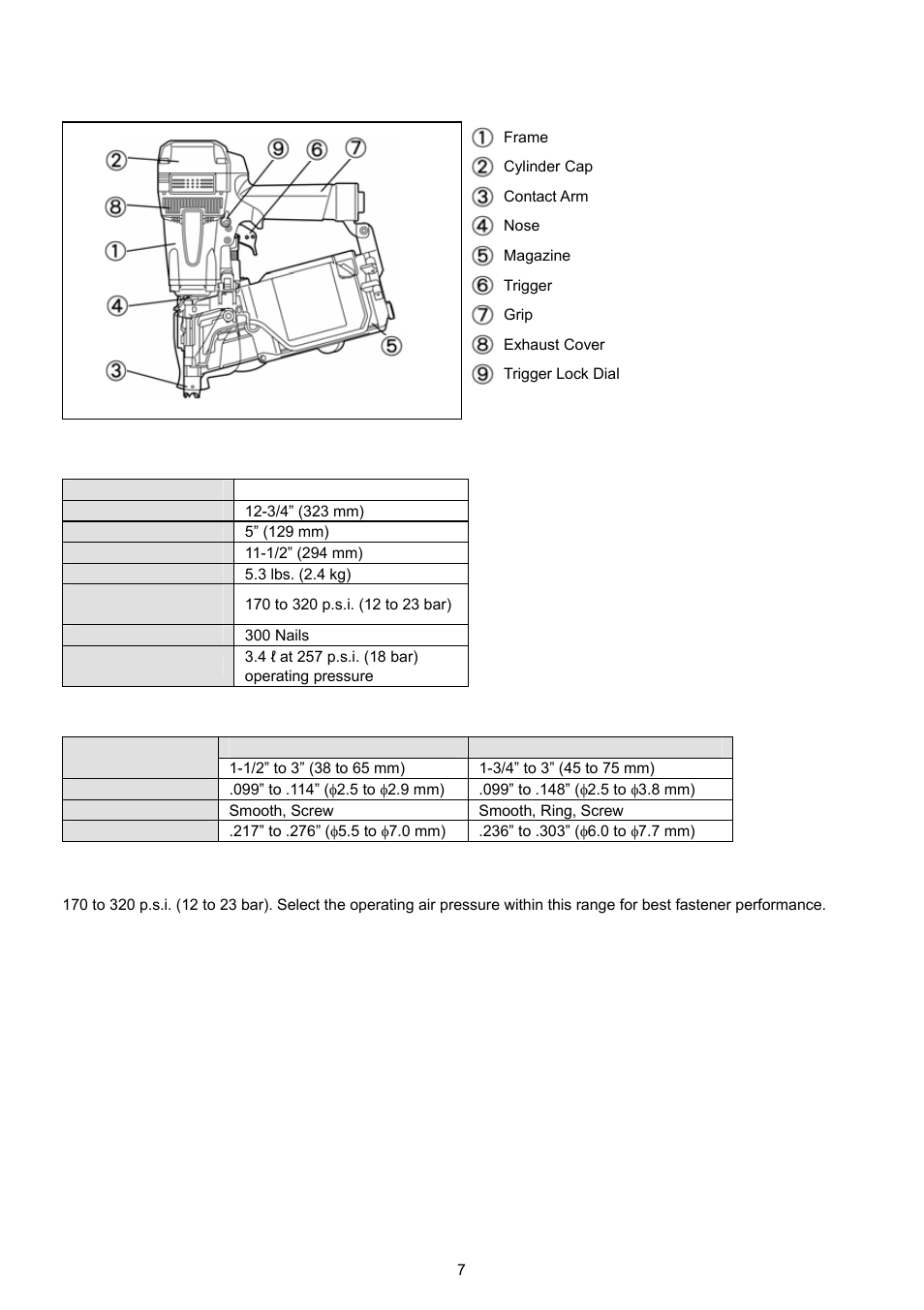 Specifications, Name of parts, Tool specifications | Fastener specifications | MAX HN75 User Manual | Page 5 / 15