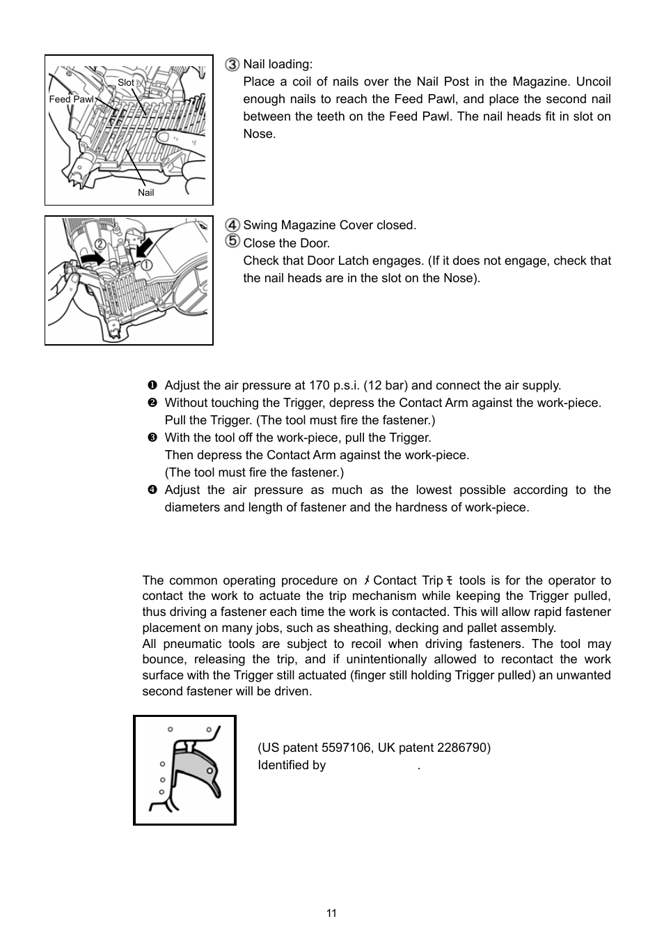 Test operation, Model identification, Contact trip | Contact trip with anti-double fire mechanism | MAX HN75 User Manual | Page 9 / 15