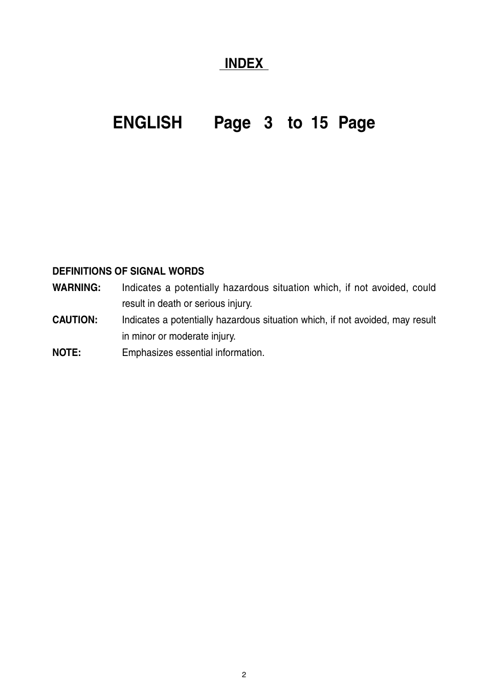 English page 3 to 15 page, Index | MAX HS90A User Manual | Page 2 / 16