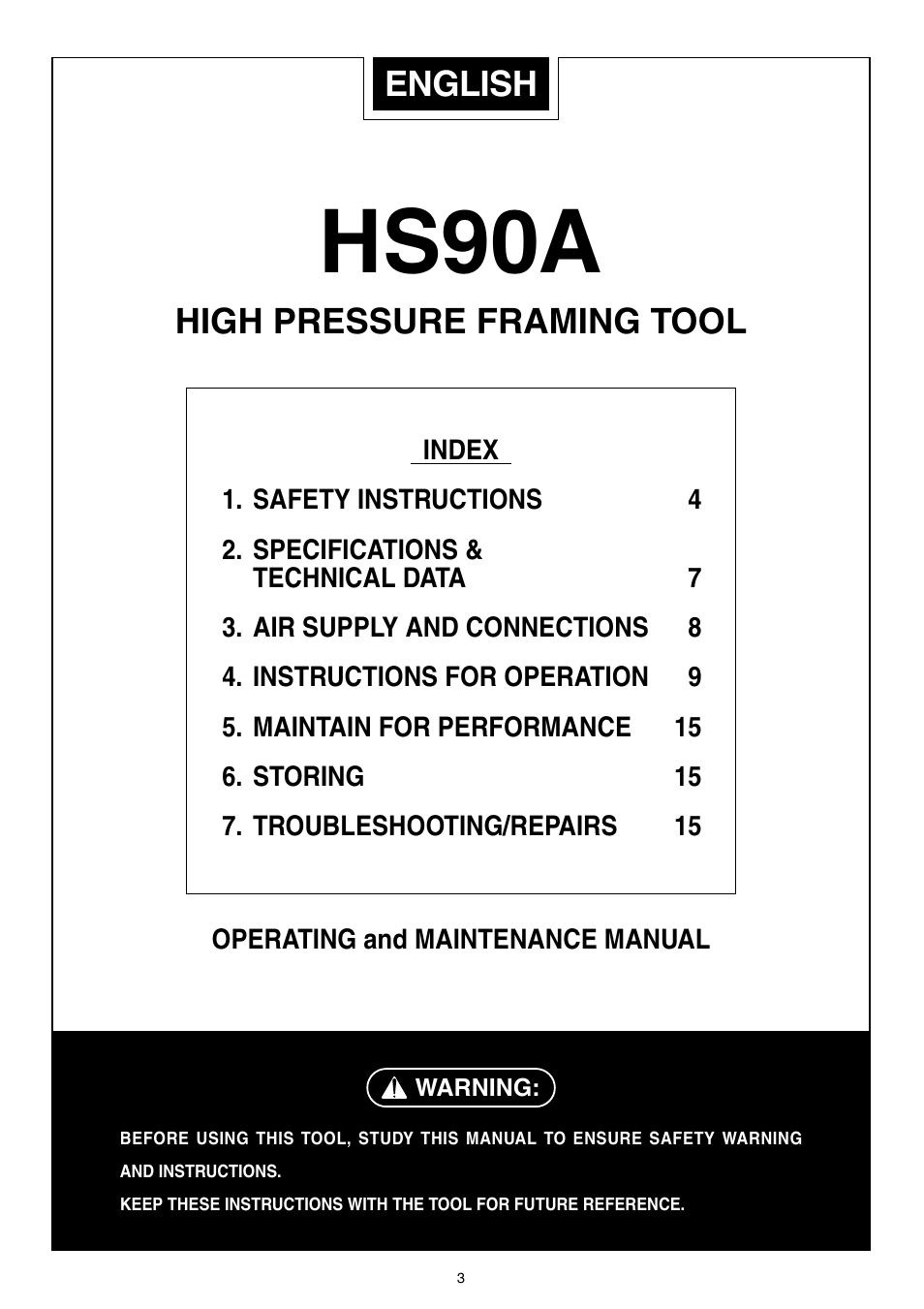Hs90a, English, High pressure framing tool | MAX HS90A User Manual | Page 3 / 16