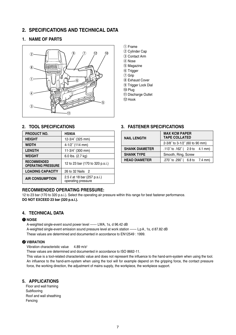 Specifications and technical data, Name of parts 2. tool specifications, Fastener specifications | Recommended operating pressure, Technical data, Applications | MAX HS90A User Manual | Page 7 / 16