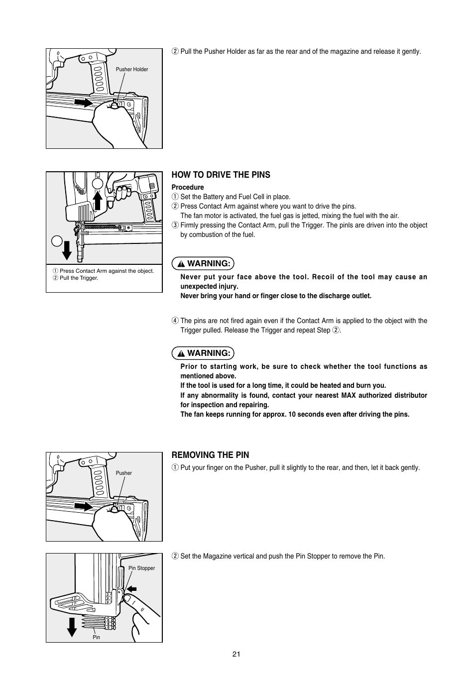 How to drive the pins, Removing the pin | MAX GS865E User Manual | Page 21 / 27