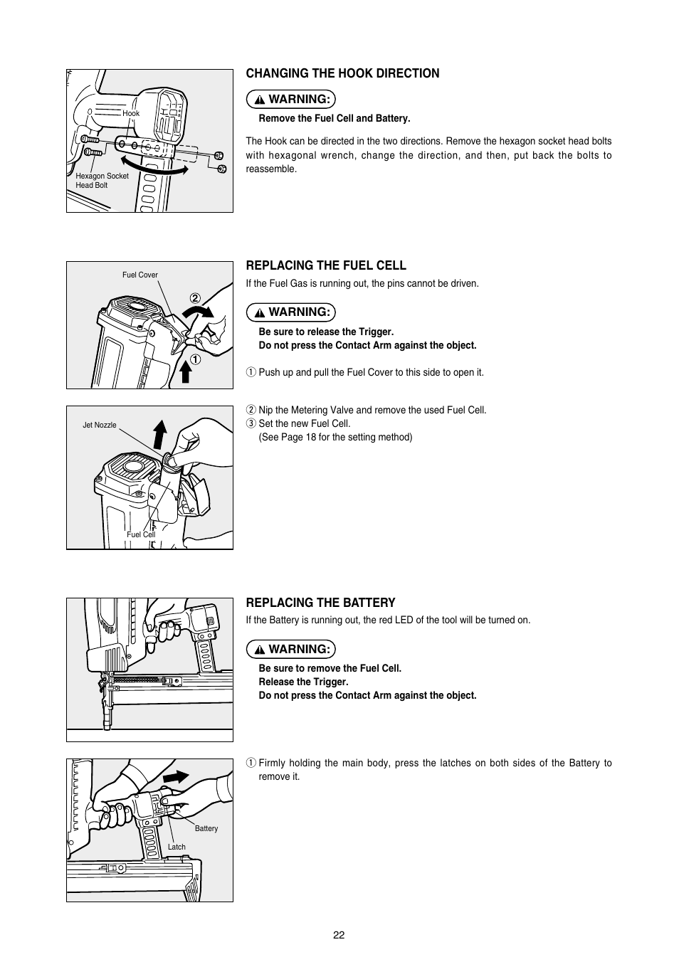 Replacing the fuel cell, Replacing the battery, Changing the hook direction | MAX GS865E User Manual | Page 22 / 27