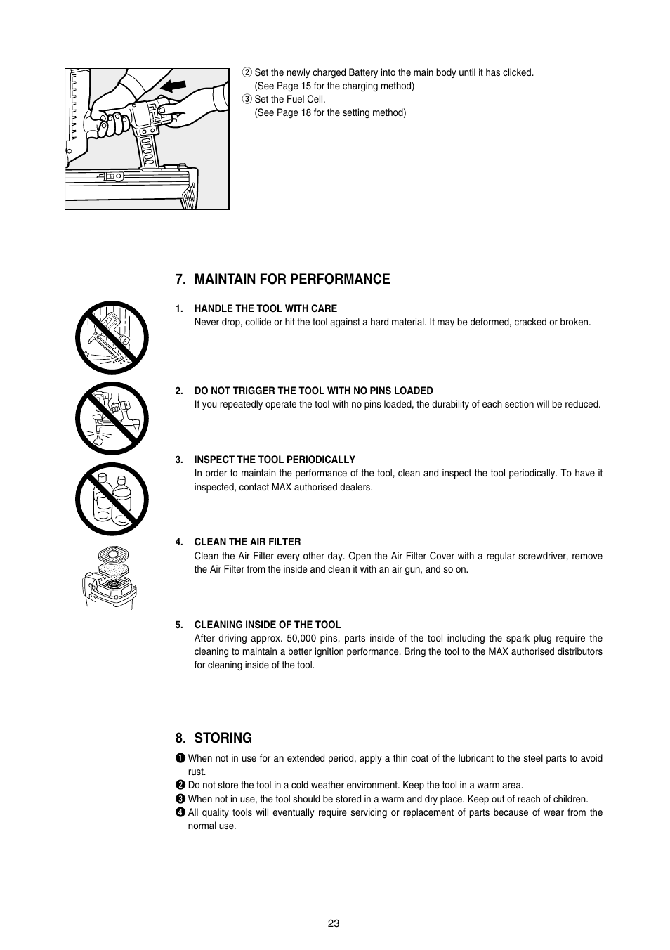 Maintain for performance, Storing | MAX GS865E User Manual | Page 23 / 27