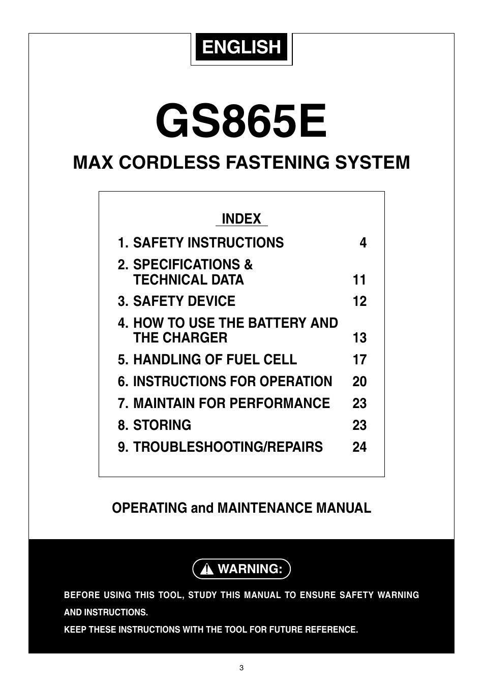 Gs865e, English, Max cordless fastening system | MAX GS865E User Manual | Page 3 / 27