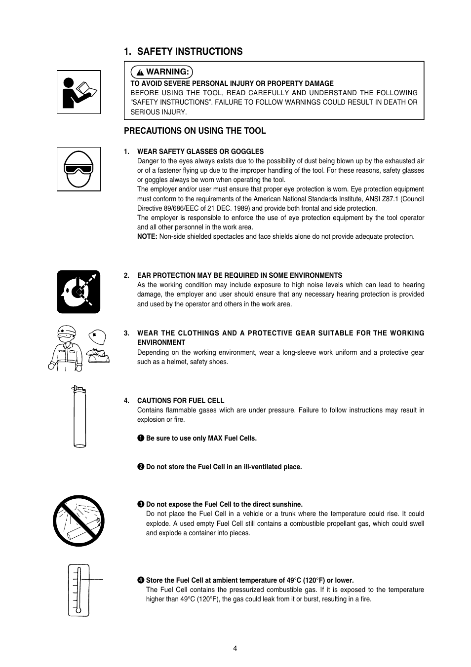 Safety instructions, Precautions on using the tool | MAX GS865E User Manual | Page 4 / 27