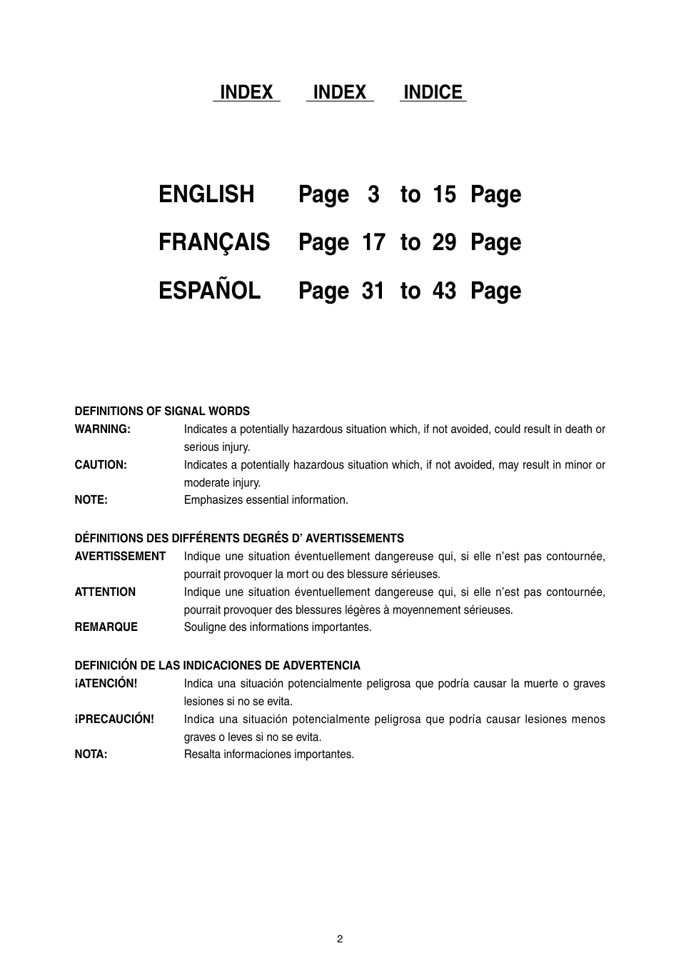 Index, Index indice | MAX SN890RH-R User Manual | Page 2 / 44