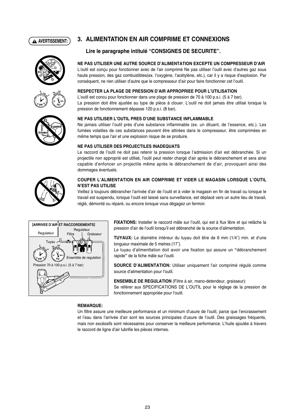 Alimentation en air comprime et connexions, Lire le paragraphe intitulé “consignes de securite | MAX SN890RH-R User Manual | Page 23 / 44