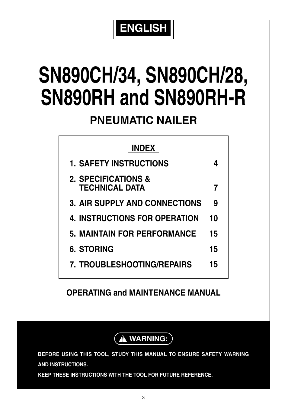 English, Pneumatic nailer | MAX SN890RH-R User Manual | Page 3 / 44