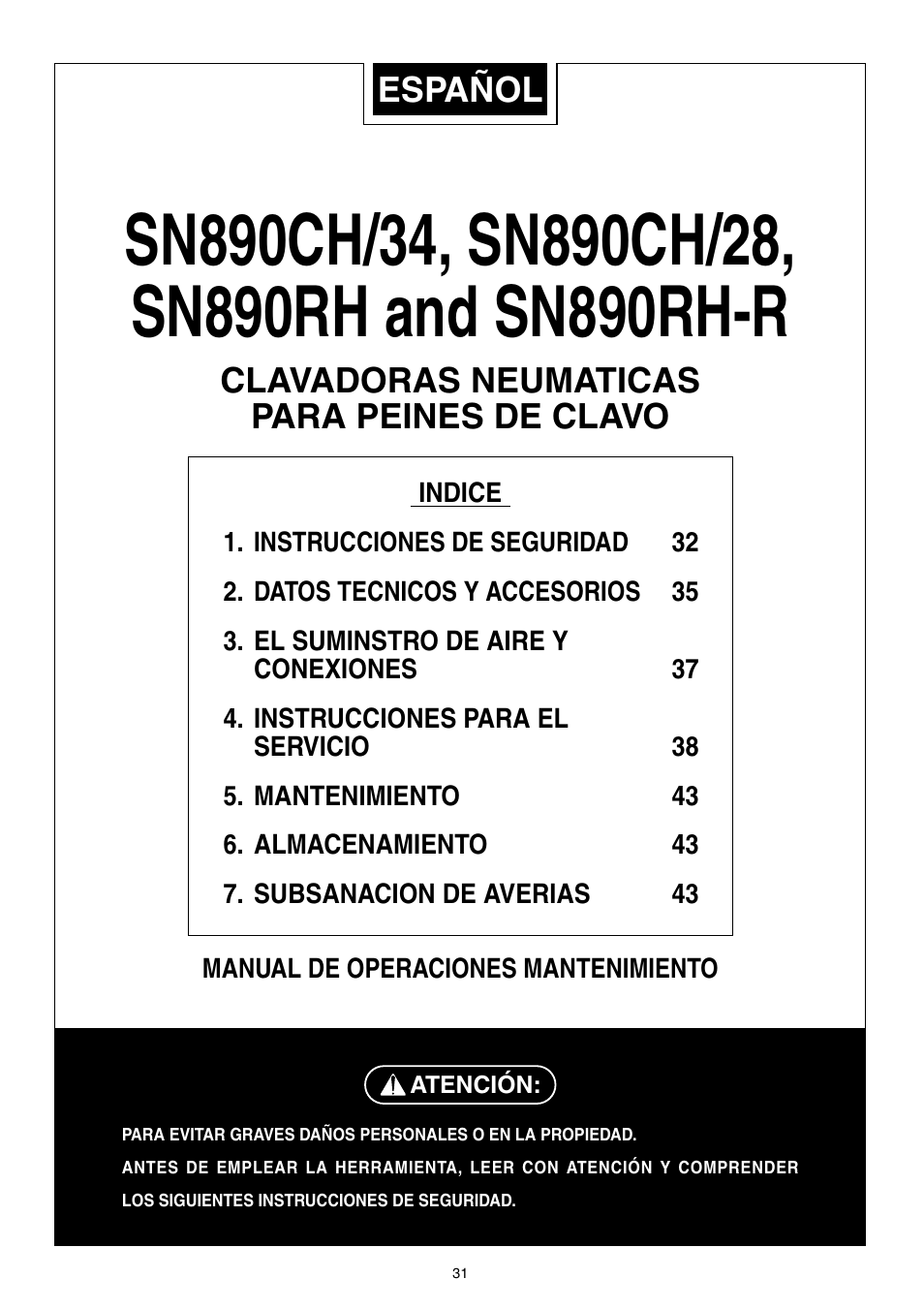 Español, Clavadoras neumaticas para peines de clavo | MAX SN890RH-R User Manual | Page 31 / 44