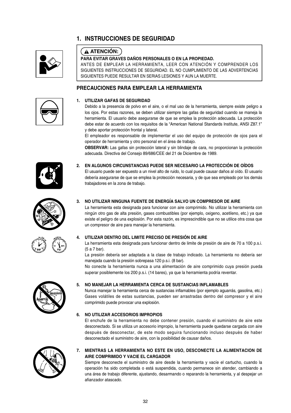 Instrucciones de seguridad, Precauciones para emplear la herramienta | MAX SN890RH-R User Manual | Page 32 / 44