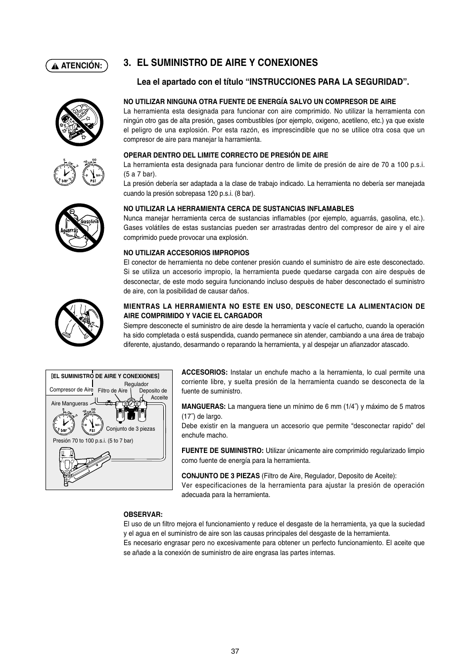 El suministro de aire y conexiones | MAX SN890RH-R User Manual | Page 37 / 44