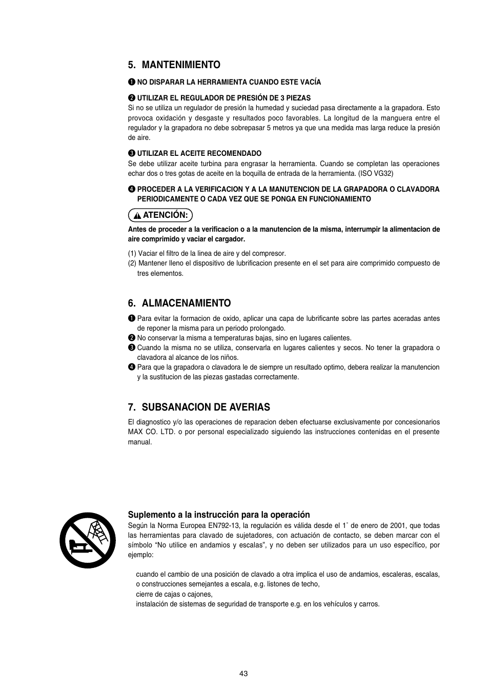 Mantenimiento, Almacenamiento, Subsanacion de averias | MAX SN890RH-R User Manual | Page 43 / 44