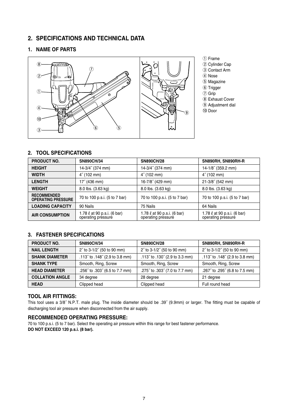 Specifications and technical data, Name of parts, Tool specifications tool air fittings | Recommended operating pressure, Fastener specifications | MAX SN890RH-R User Manual | Page 7 / 44