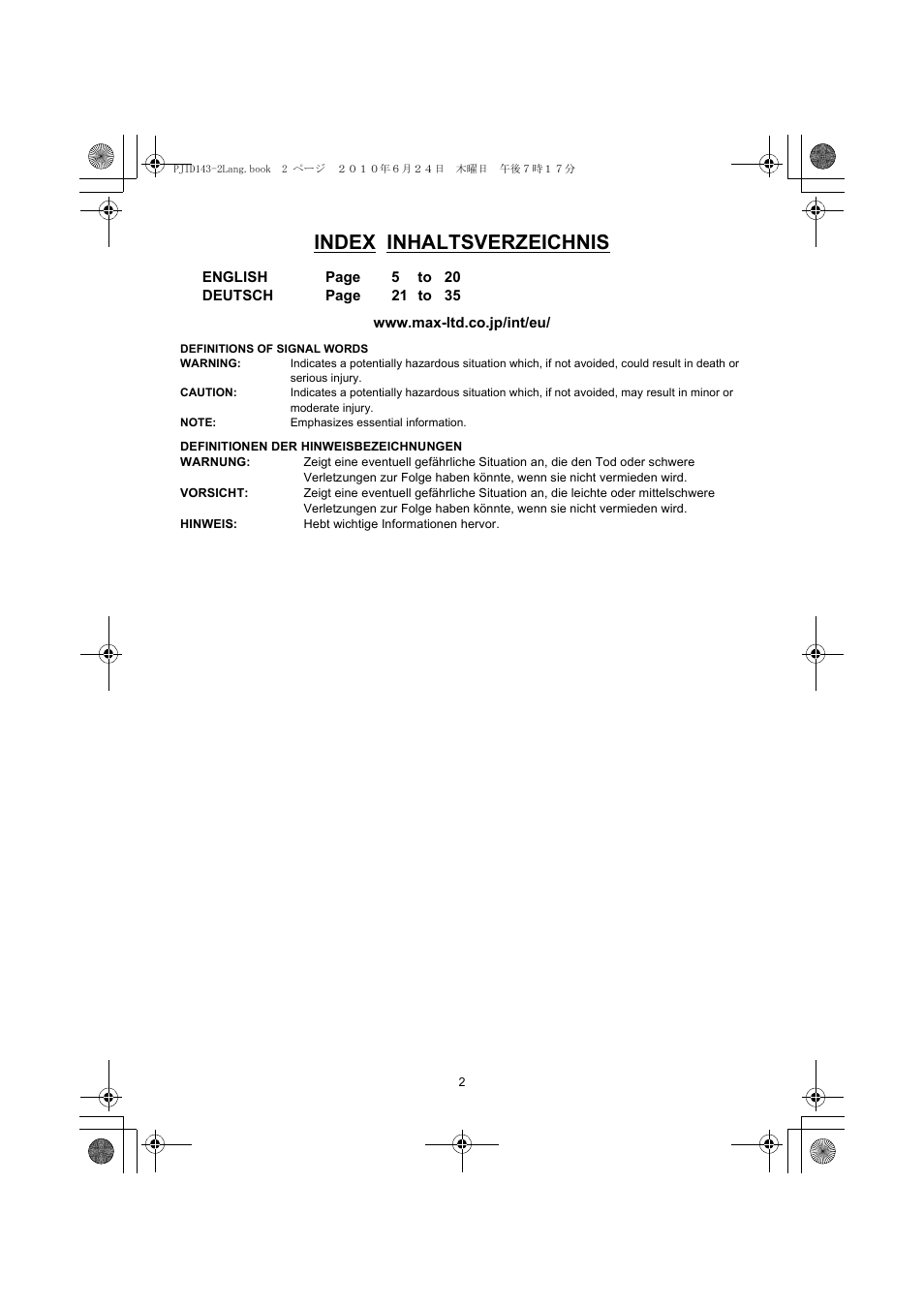 Index inhaltsverzeichnis | MAX PJID143 User Manual | Page 2 / 20