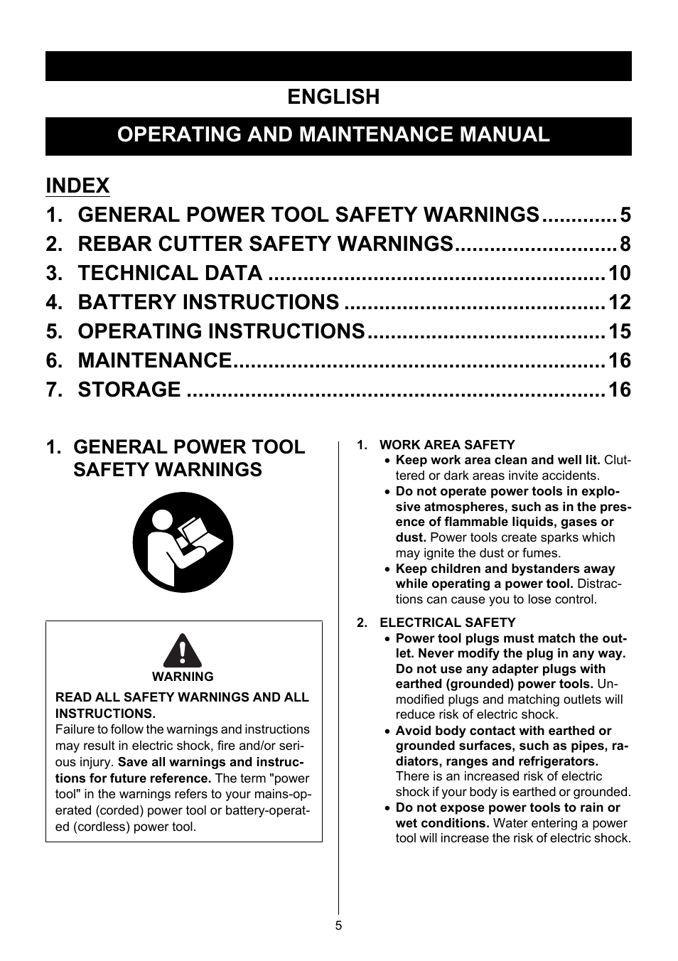 English operating and maintenance manual, General power tool safety warnings | MAX PJRC160 User Manual | Page 5 / 16