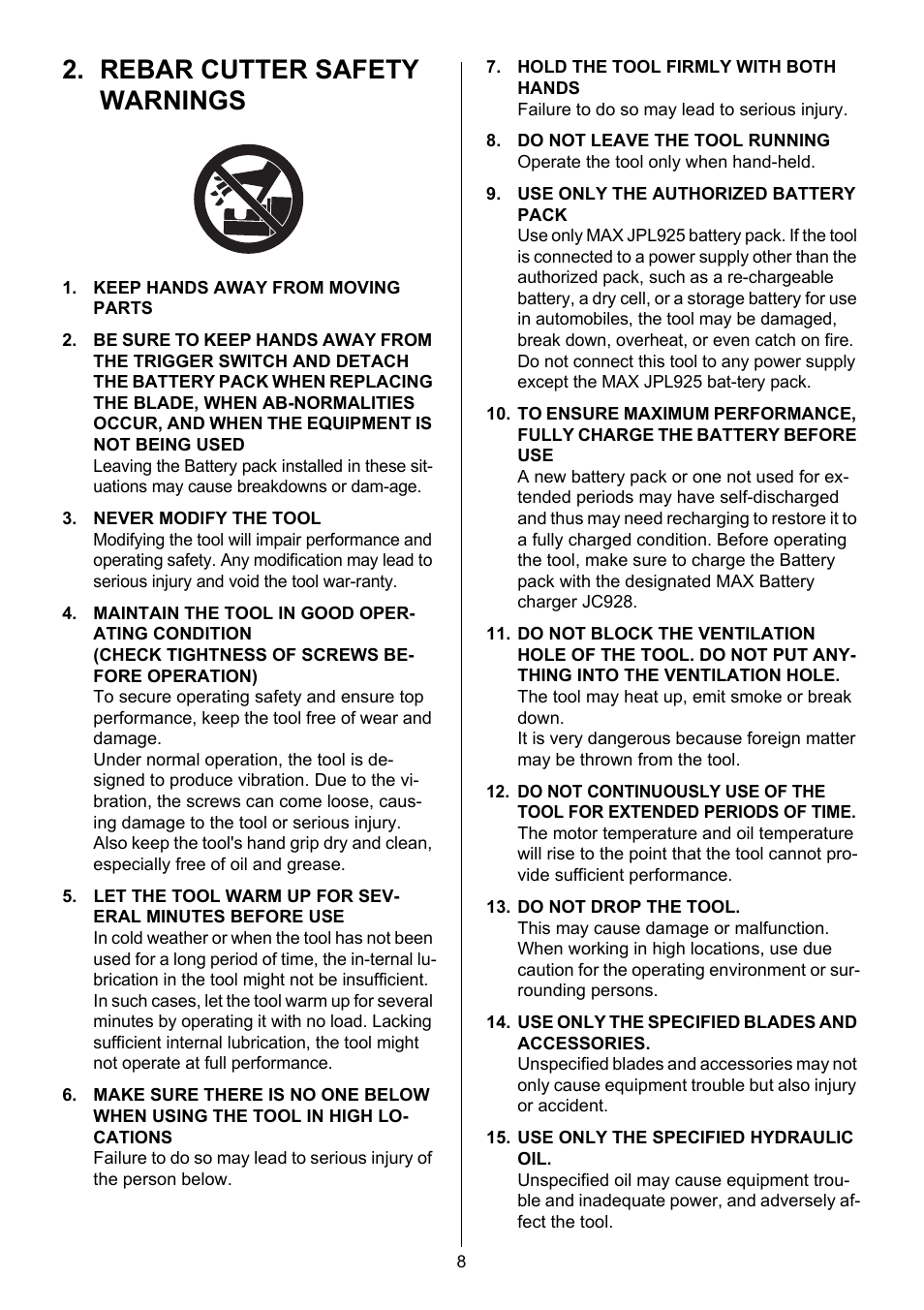 Rebar cutter safety warnings | MAX PJRC160 User Manual | Page 8 / 16