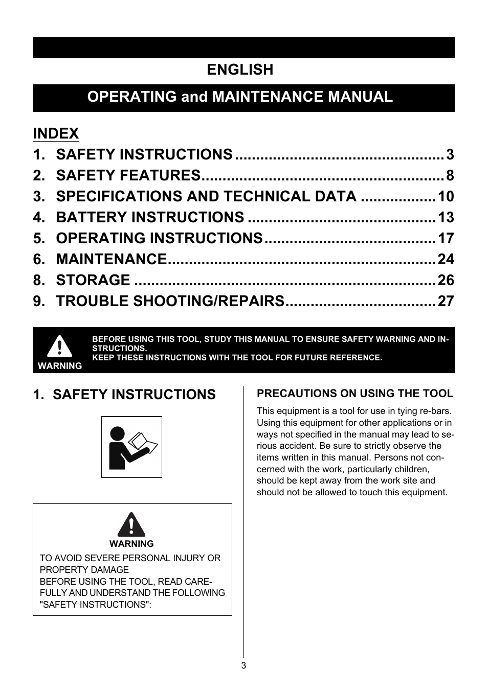 Safety instructions, English operating and maintenance manual | MAX RB397(USA) User Manual | Page 2 / 27