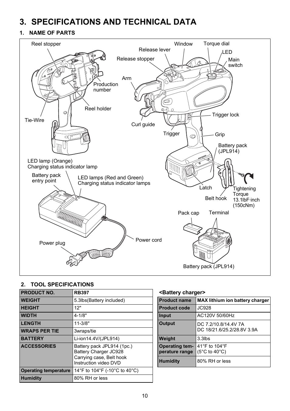 Specifications and technical data | MAX RB397(USA) User Manual | Page 9 / 27