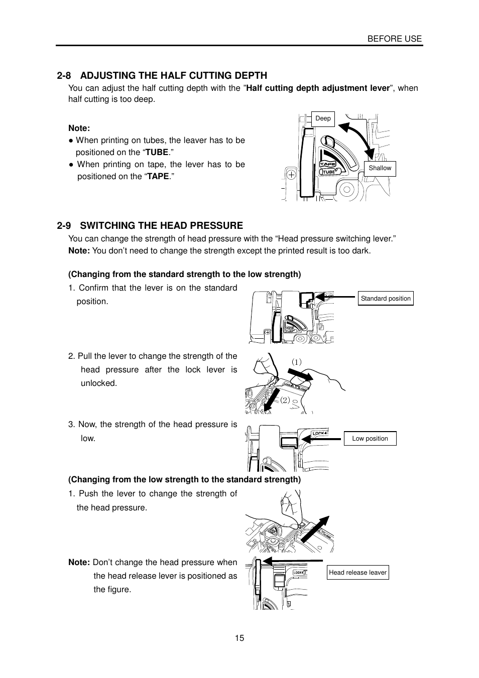 8 adjusting the half cutting depth, 9 switching the head pressure | MAX LM-380A User Manual | Page 15 / 64