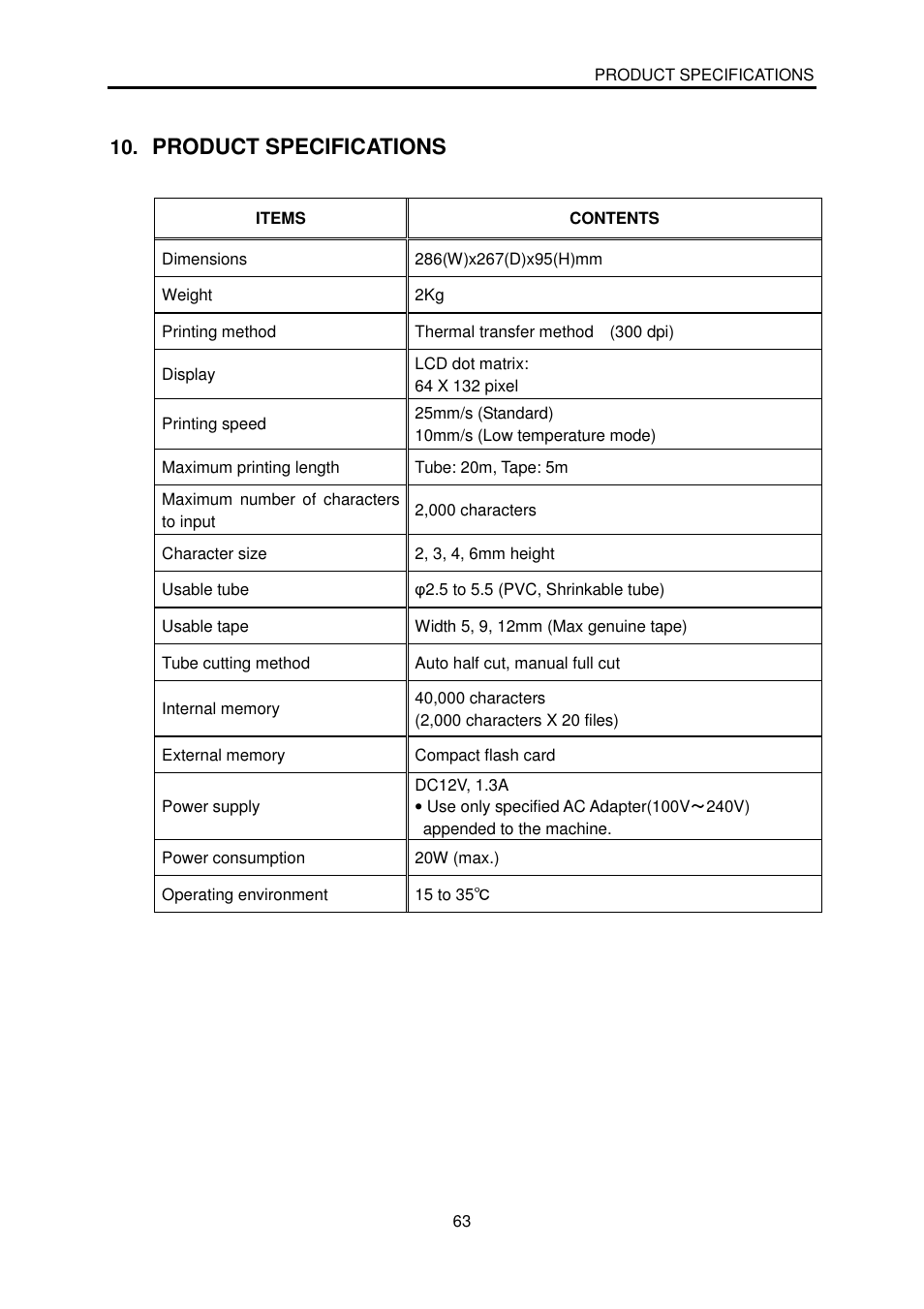 Product specifications | MAX LM-380A User Manual | Page 63 / 64