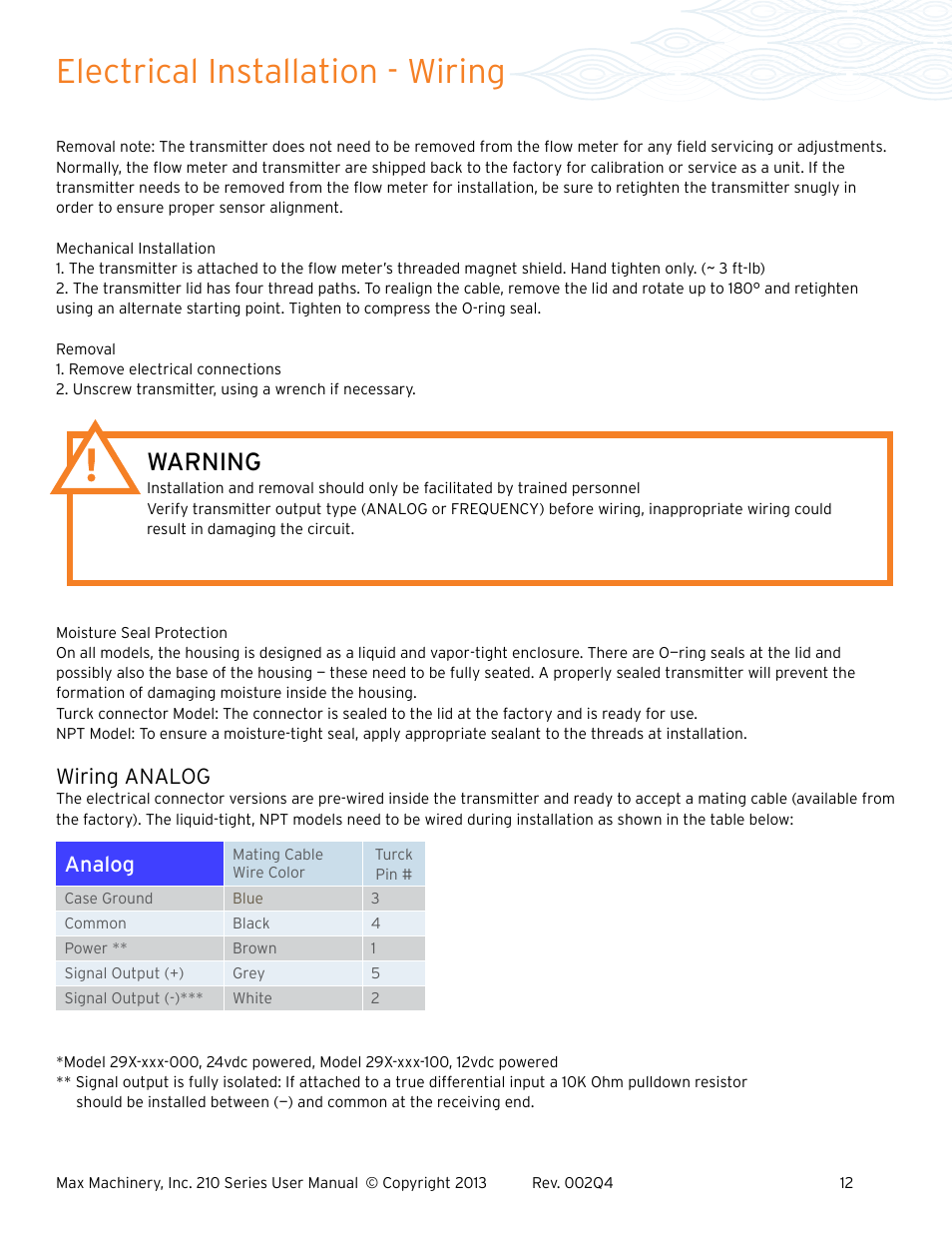 Electrical installation - wiring, Warning, Analog | Wiring analog | Max Machinery 216 Piston Flow Meter User Manual | Page 12 / 20