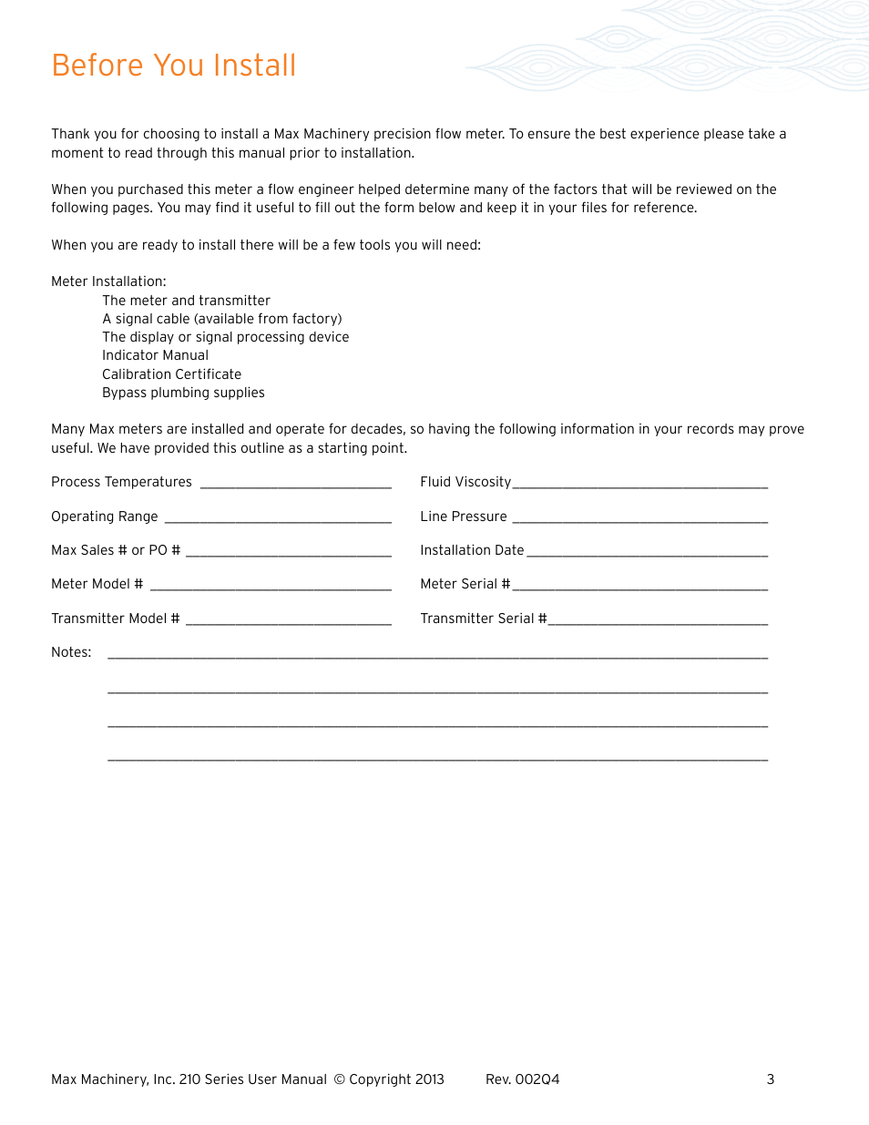 Before you install | Max Machinery 216 Piston Flow Meter User Manual | Page 3 / 20