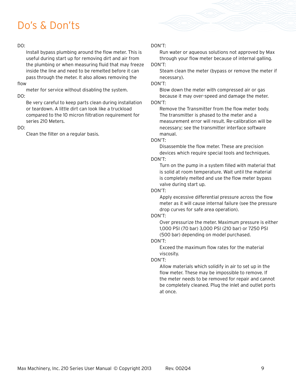 Do’s & don’ts | Max Machinery 216 Piston Flow Meter User Manual | Page 9 / 20