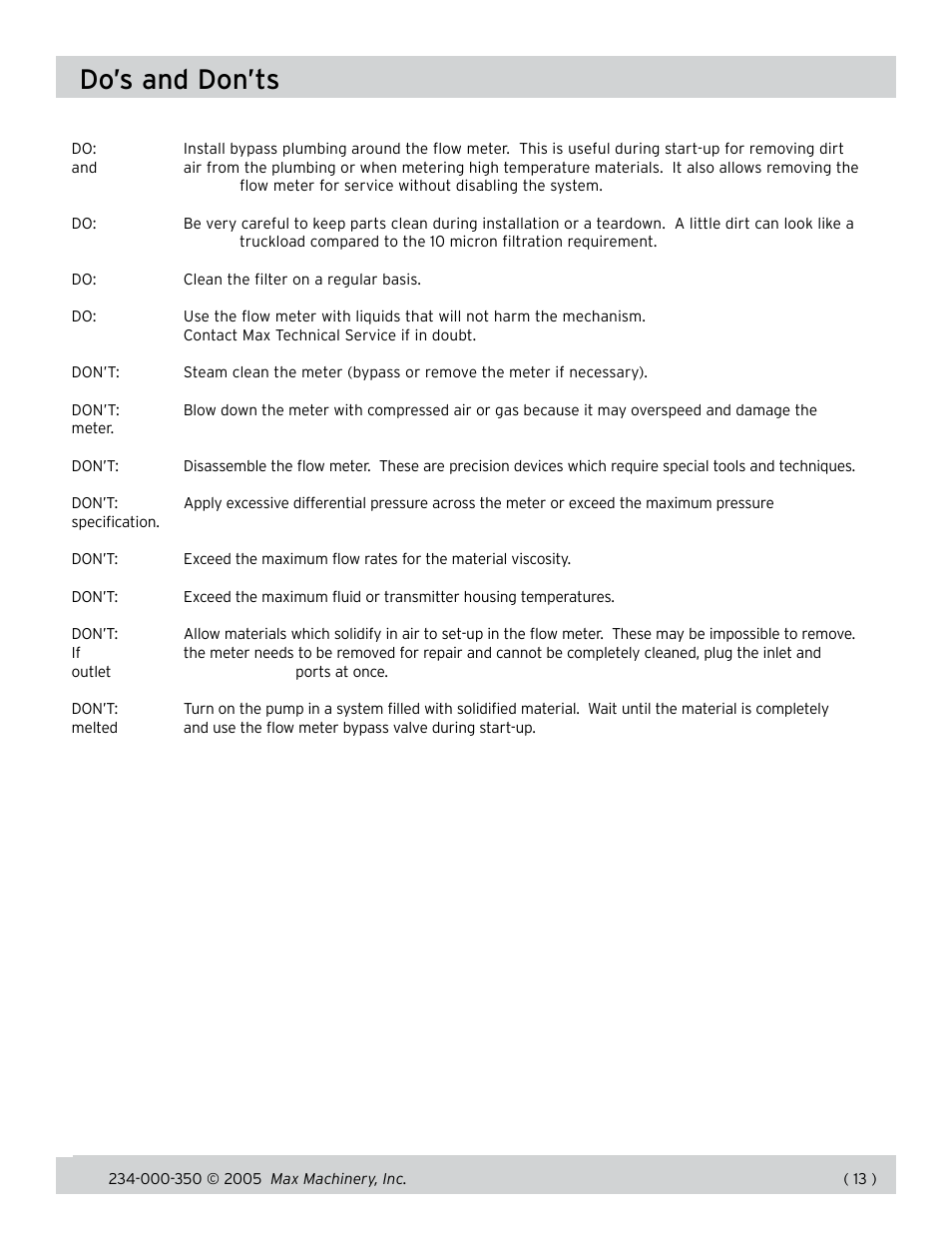 Do’s and don’ts | Max Machinery 234 Flow Meter User Manual | Page 13 / 15