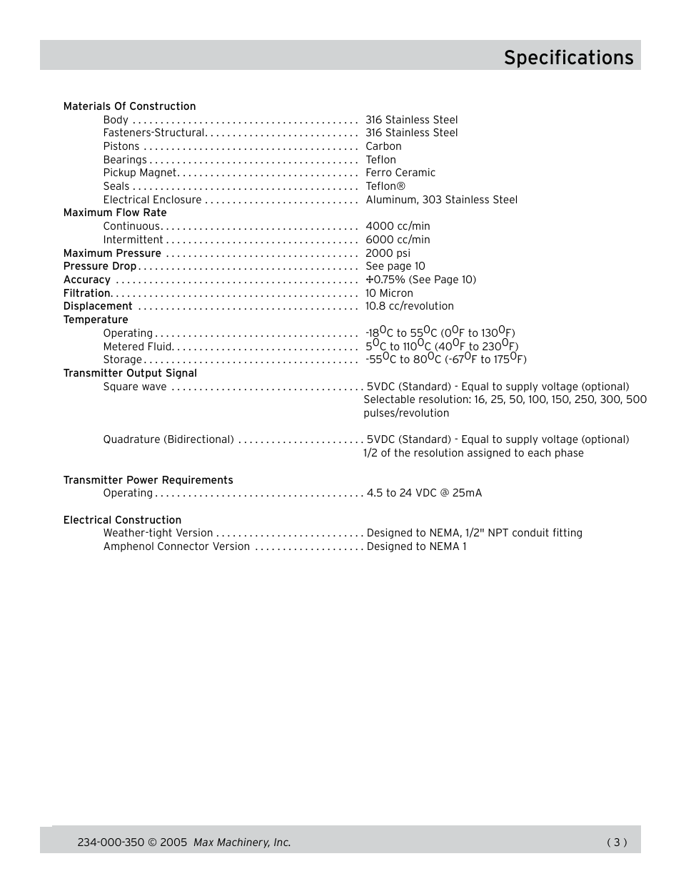Specifications | Max Machinery 234 Flow Meter User Manual | Page 3 / 15