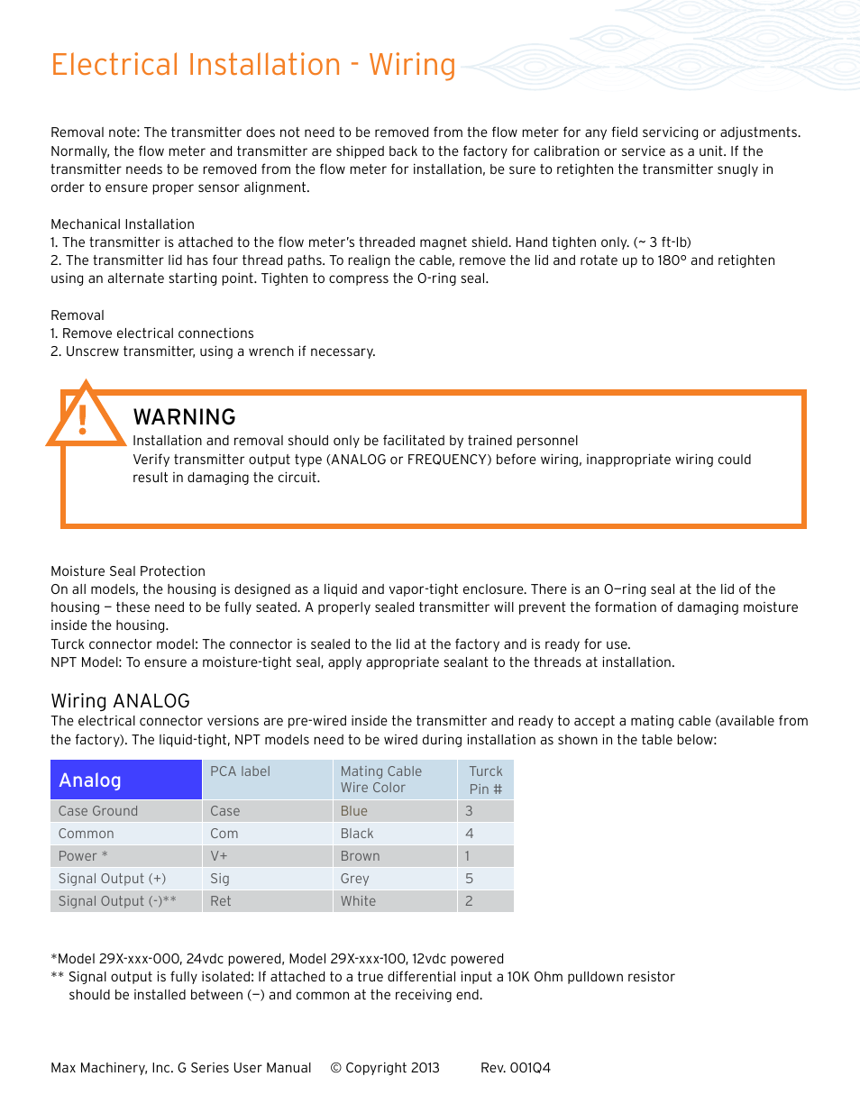 Electrical installation - wiring, Warning, Analog | Wiring analog | Max Machinery G240 Gear Flow Meter User Manual | Page 12 / 20