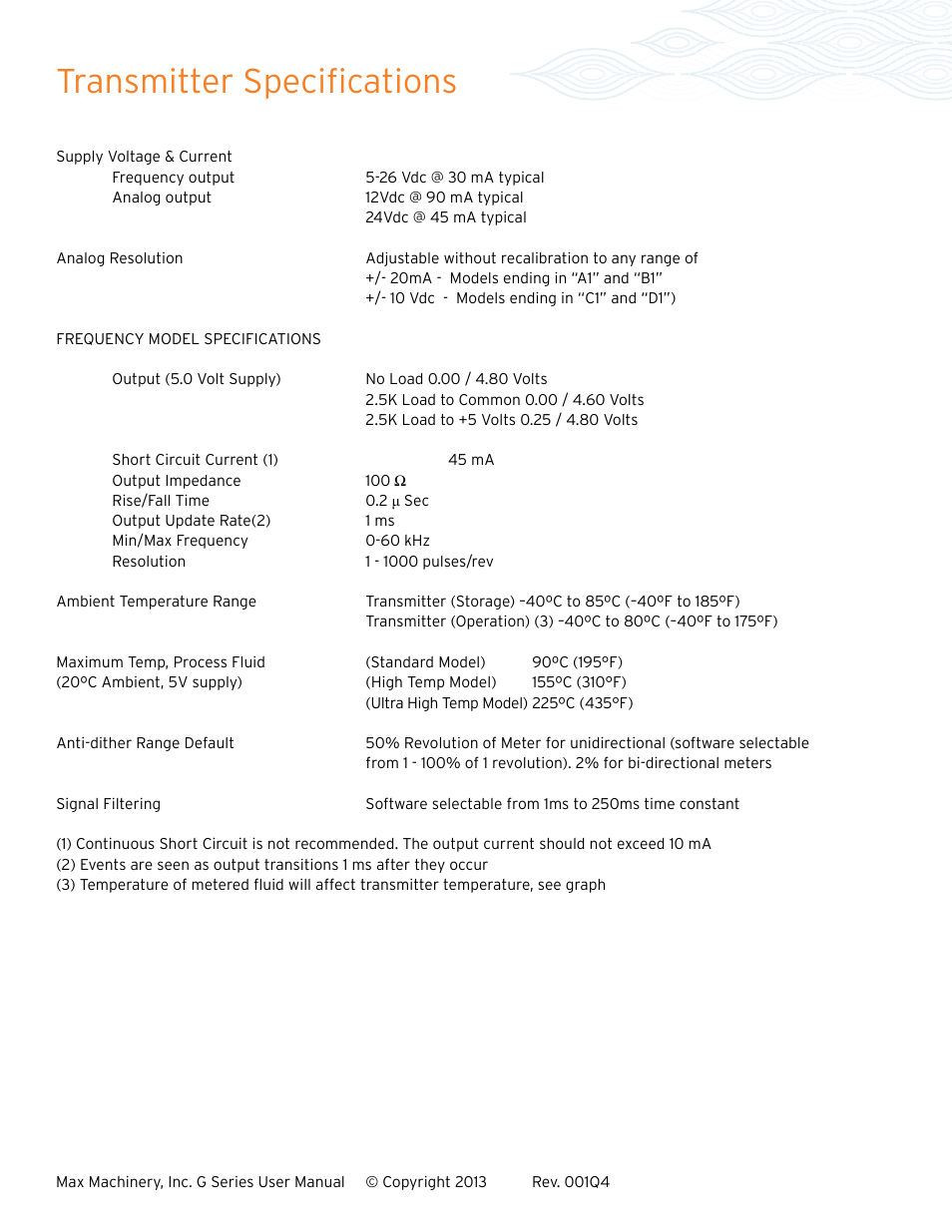 Transmitter specifications | Max Machinery G240 Gear Flow Meter User Manual | Page 7 / 20