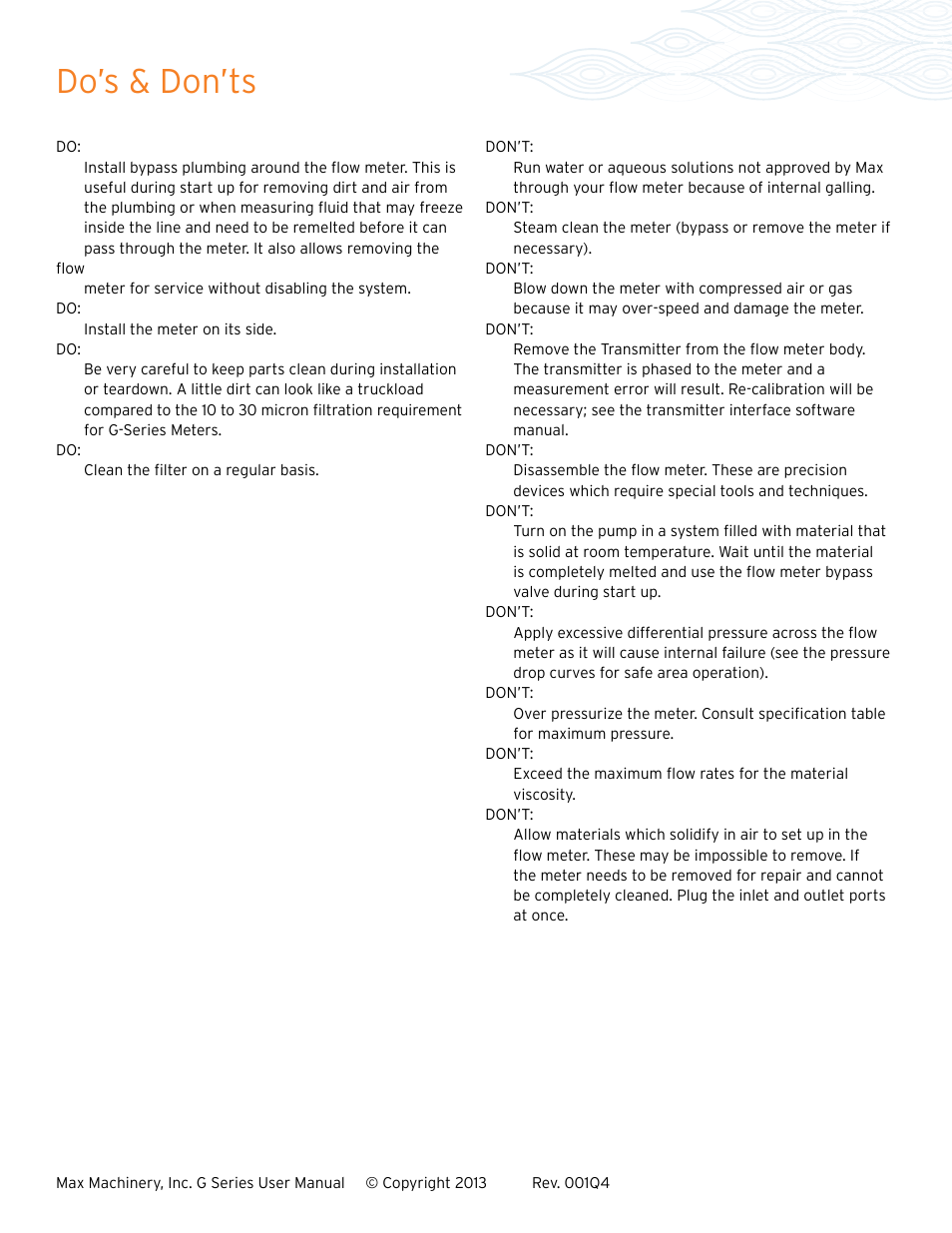 Do’s & don’ts | Max Machinery G240 Gear Flow Meter User Manual | Page 9 / 20