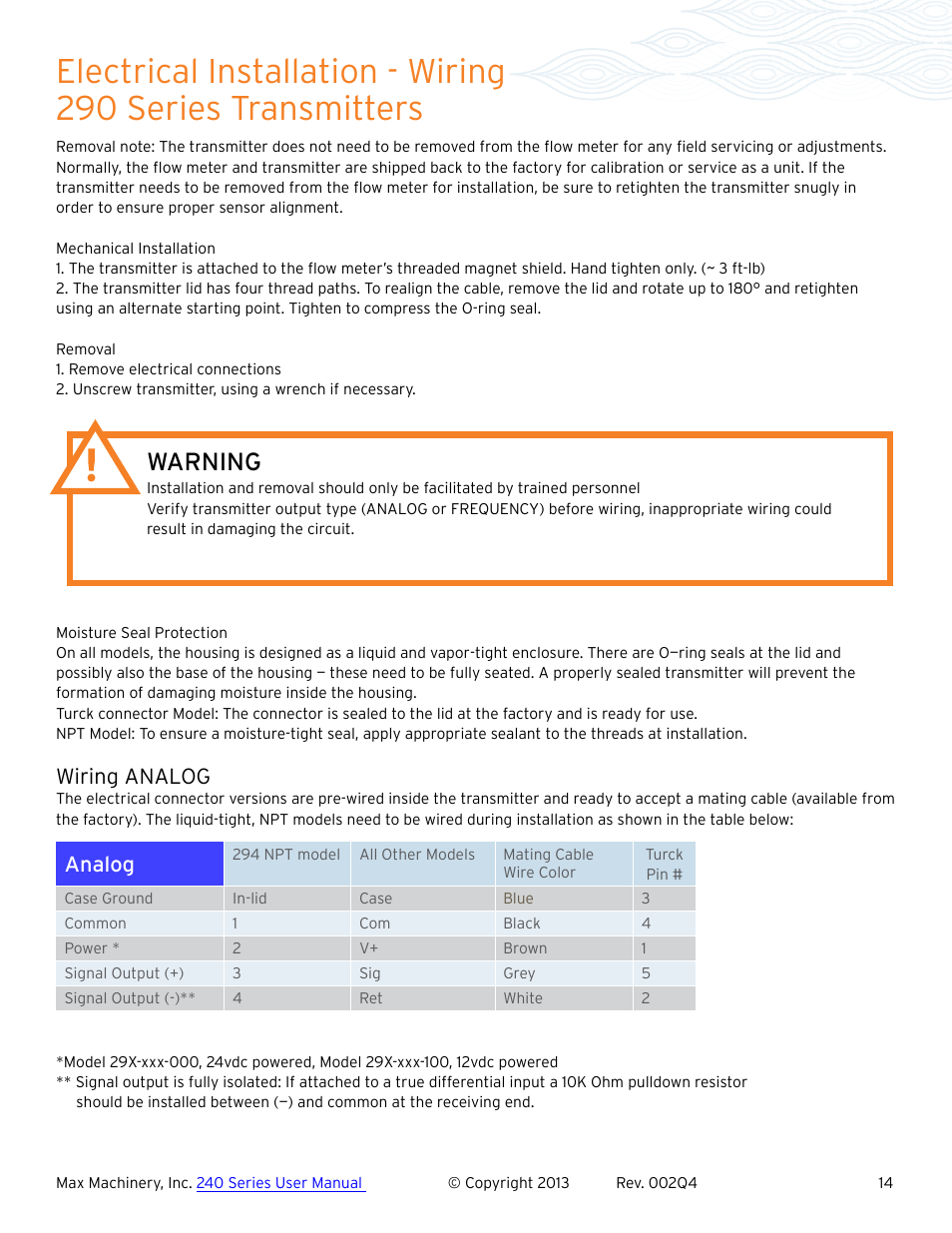 Warning, Analog, Wiring analog | Max Machinery 243 Helical Flow Meter User Manual | Page 14 / 20