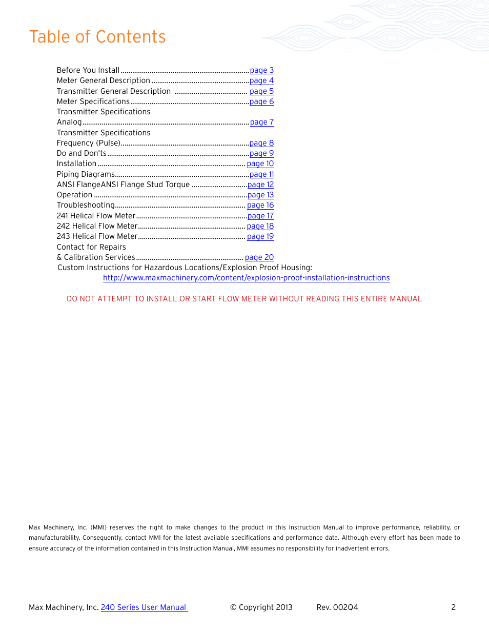 Max Machinery 243 Helical Flow Meter User Manual | Page 2 / 20