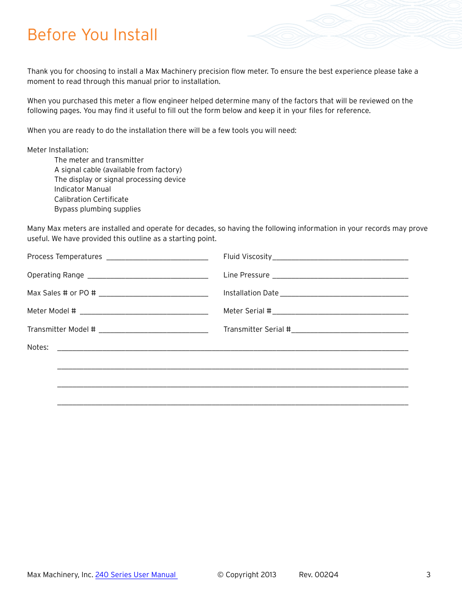 Before you install | Max Machinery 243 Helical Flow Meter User Manual | Page 3 / 20