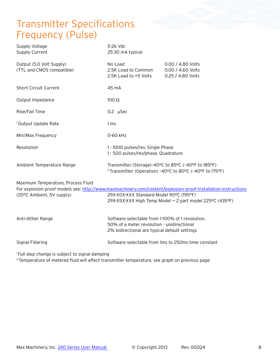 Transmitter specifications frequency (pulse) | Max Machinery 243 Helical Flow Meter User Manual | Page 8 / 20