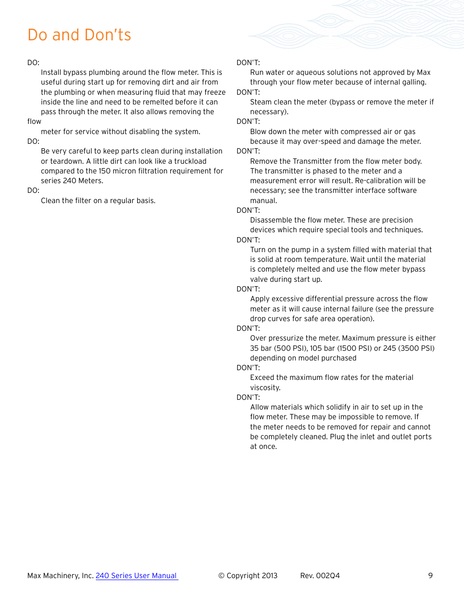 Do and don’ts | Max Machinery 243 Helical Flow Meter User Manual | Page 9 / 20