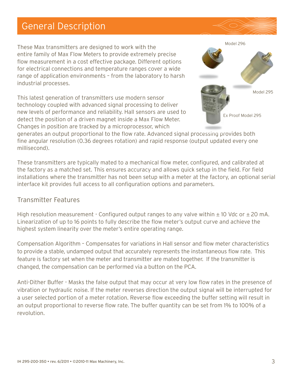 General description, Transmitter features | Max Machinery 290 Series Analog (295, 296 and G Series Transmitters) User Manual | Page 3 / 12