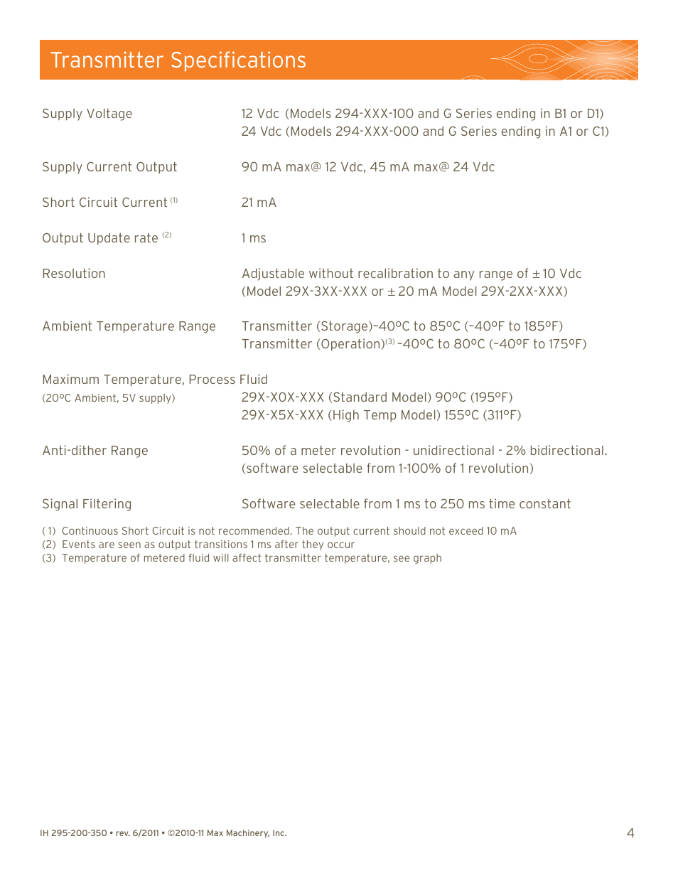 Transmitter specifications | Max Machinery 290 Series Analog (295, 296 and G Series Transmitters) User Manual | Page 4 / 12