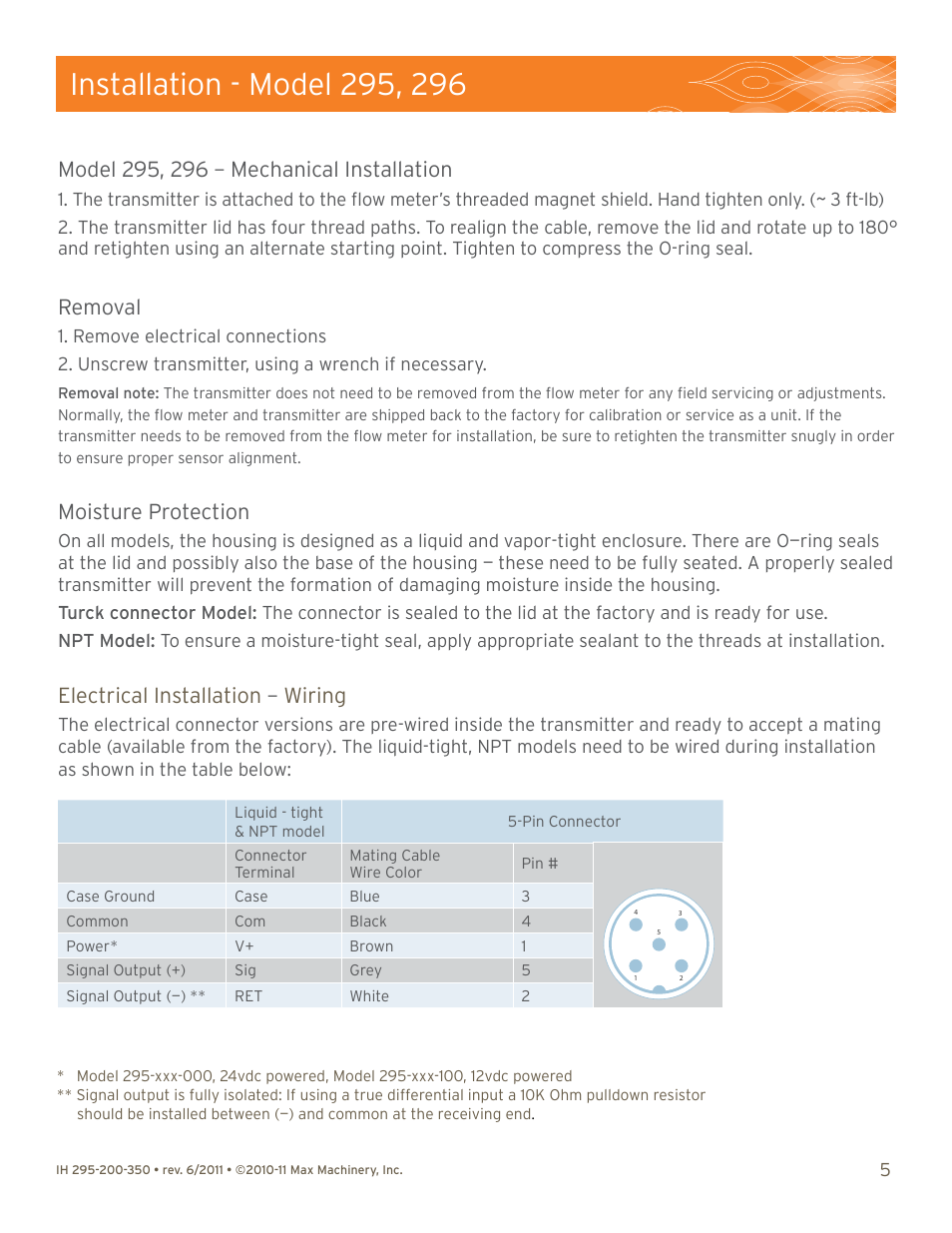 Mechanical installation, Removal, Moisture protection | Electrical installation, Wiring | Max Machinery 290 Series Analog (295, 296 and G Series Transmitters) User Manual | Page 5 / 12