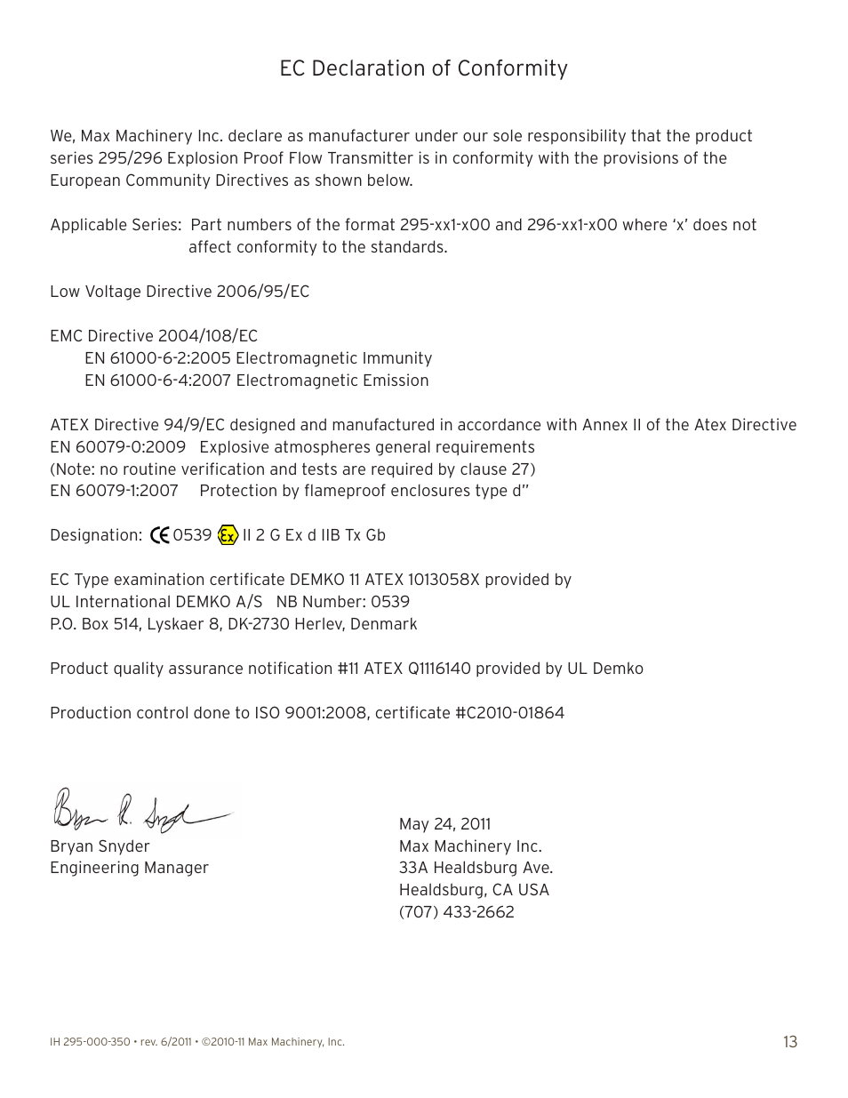 Ec declaration of conformity | Max Machinery 290 Series Frequency (269, 294 and 295) User Manual | Page 13 / 13